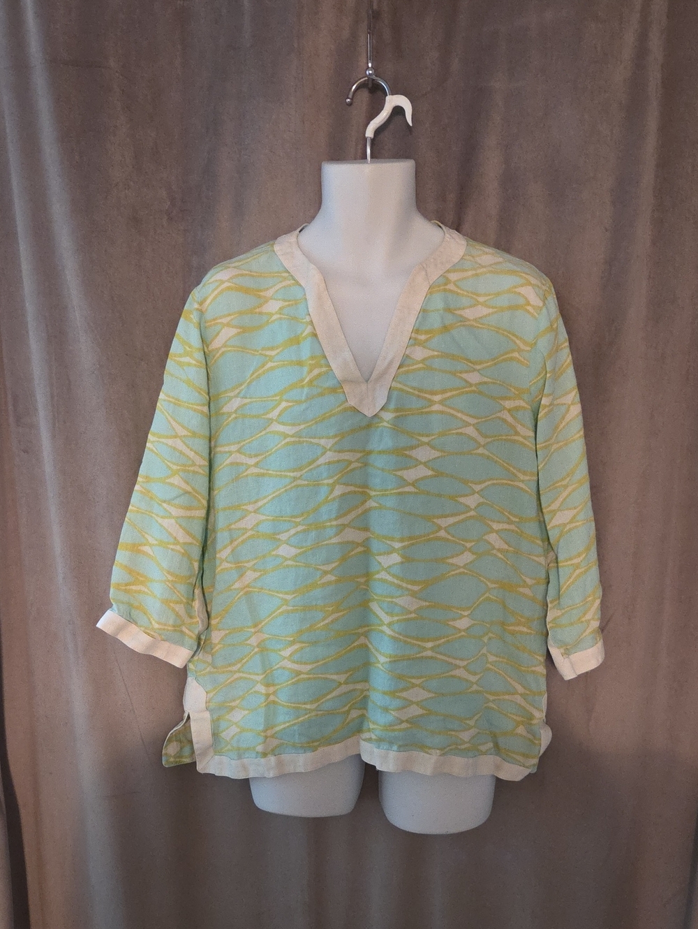 Lands' End XL Wave-Print V-Neck Tunic with Cream Trim 100% LINEN